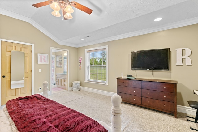 carpeted bedroom featuring ornamental molding, lofted ceiling, baseboards, ensuite bath, and recessed lighting