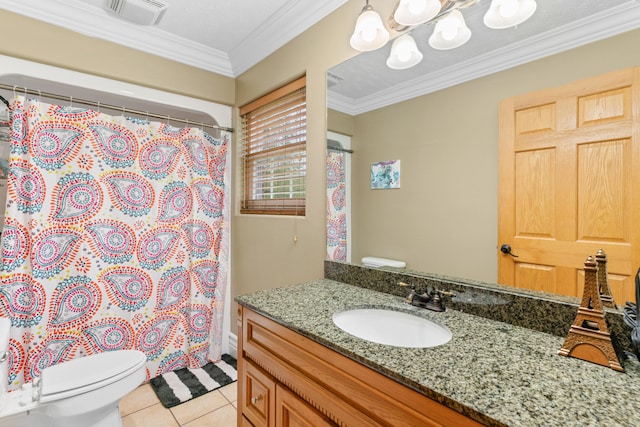 full bathroom featuring toilet, vanity, ornamental molding, tile patterned flooring, and a chandelier