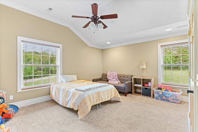 bedroom with crown molding, carpet floors, lofted ceiling, multiple windows, and baseboards