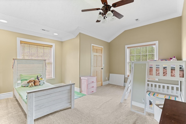 carpeted bedroom featuring ornamental molding, baseboards, ceiling fan, lofted ceiling, and recessed lighting