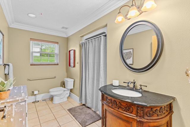 full bath featuring toilet, tile patterned floors, vanity, crown molding, and baseboards