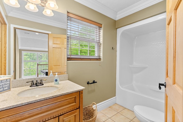 full bath with tile patterned floors, vanity, toilet, healthy amount of natural light, and ornamental molding