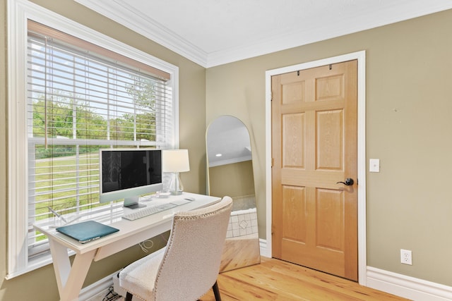 office space featuring ornamental molding, wood finished floors, and baseboards