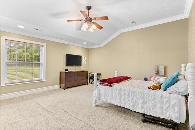 carpeted bedroom with lofted ceiling, crown molding, recessed lighting, a ceiling fan, and baseboards