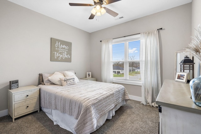bedroom with dark carpet, baseboards, and a ceiling fan