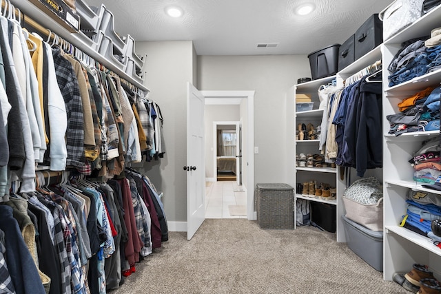 spacious closet featuring light carpet