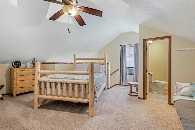 167 Motel Ln, Cape Fair, MO 65624 - carpeted bedroom featuring a textured ceiling, lofted ceiling, connected bathroom, and a ceiling fan