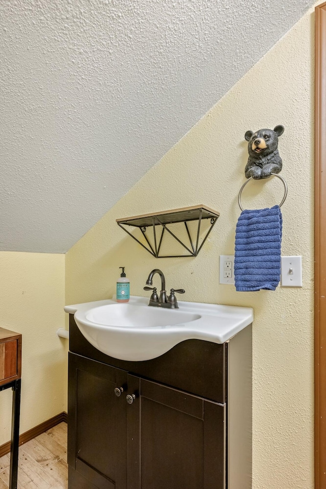 167 Motel Ln, Cape Fair, MO 65624 - bathroom with vanity, a textured ceiling, wood finished floors, and vaulted ceiling