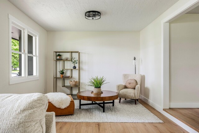 living area with light wood-style flooring, baseboards, and a textured ceiling