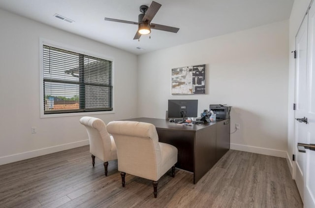 5955 S Farm Rd 163 205A, Springfield, MO 65810 - office area featuring wood finished floors, ceiling fan, and baseboards