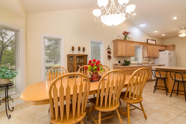 62 Turtledove Ln, Lampe, MO 65681 - dining area featuring light tile patterned flooring, plenty of natural light, a chandelier, recessed lighting, and high vaulted ceiling