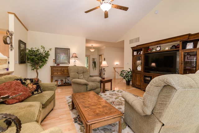 62 Turtledove Ln, Lampe, MO 65681 - living room with a ceiling fan, light wood-type flooring, and high vaulted ceiling