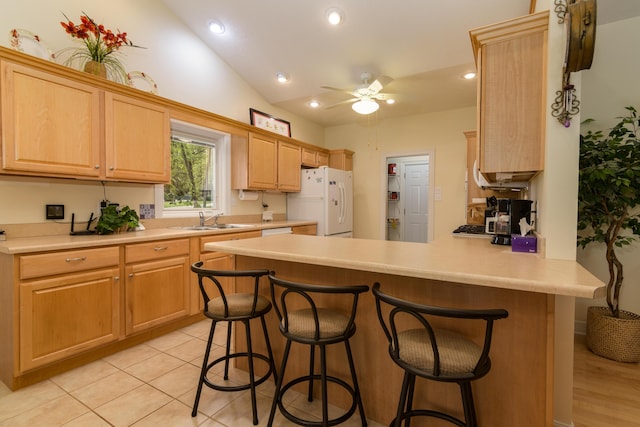 62 Turtledove Ln, Lampe, MO 65681 - kitchen with white appliances, a sink, lofted ceiling, a peninsula, and a ceiling fan