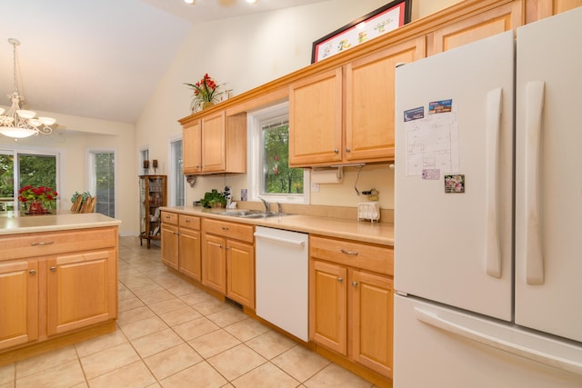 62 Turtledove Ln, Lampe, MO 65681 - kitchen featuring white appliances, light tile patterned floors, a chandelier, lofted ceiling, and a sink
