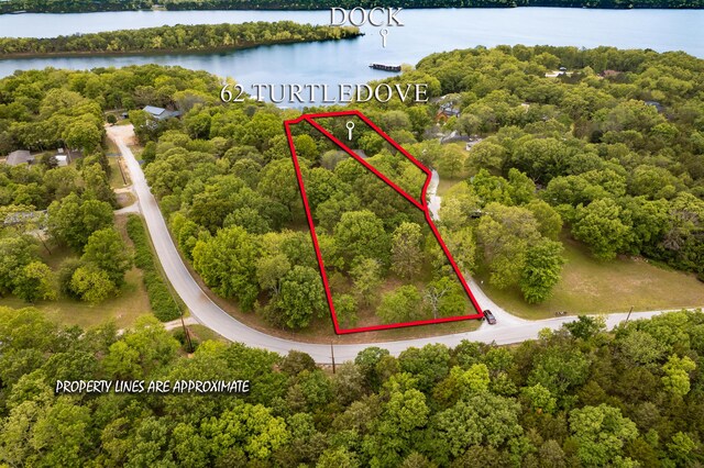 62 Turtledove Ln, Lampe, MO 65681 - aerial overview of property's location featuring a large body of water, property parcel outlined, and a heavily wooded area