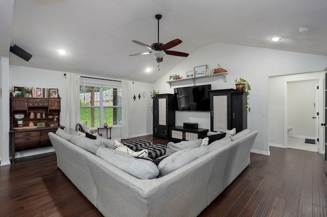 living room with vaulted ceiling, ceiling fan, dark wood-type flooring, baseboards, and recessed lighting