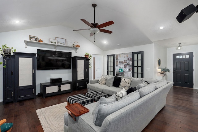 living area featuring vaulted ceiling, a ceiling fan, wood finished floors, recessed lighting, and baseboards