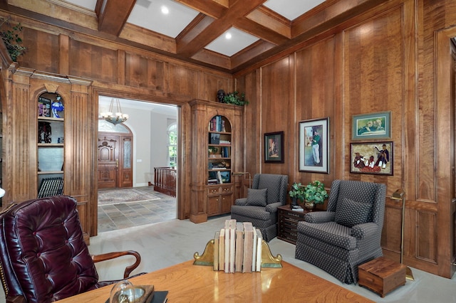 5245 S Stonehaven Dr, Springfield, MO 65809 - sitting room with wood walls, beamed ceiling, coffered ceiling, arched walkways, and a high ceiling
