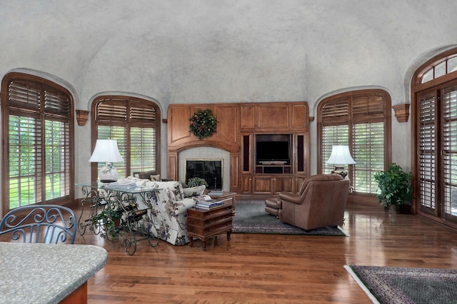 5245 S Stonehaven Dr, Springfield, MO 65809 - living area featuring healthy amount of natural light, a towering ceiling, and wood finished floors