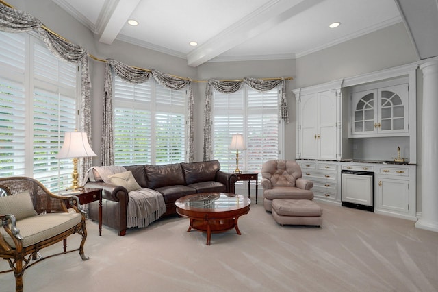 5245 S Stonehaven Dr, Springfield, MO 65809 - living room featuring wet bar, light colored carpet, beamed ceiling, ornamental molding, and recessed lighting