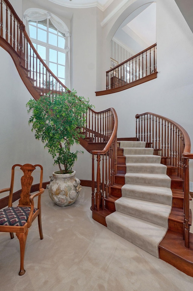5245 S Stonehaven Dr, Springfield, MO 65809 - stairs featuring a high ceiling, carpet, ornamental molding, baseboards, and arched walkways