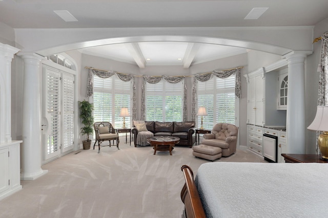 5245 S Stonehaven Dr, Springfield, MO 65809 - bedroom with decorative columns, beamed ceiling, carpet, access to exterior, and crown molding