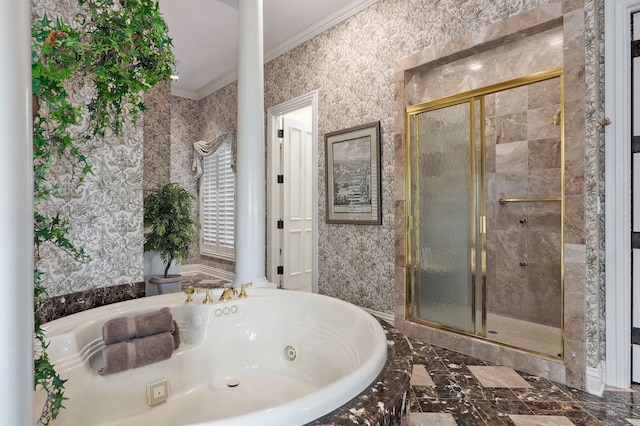 5245 S Stonehaven Dr, Springfield, MO 65809 - bathroom featuring ornamental molding, a stall shower, and a jetted tub