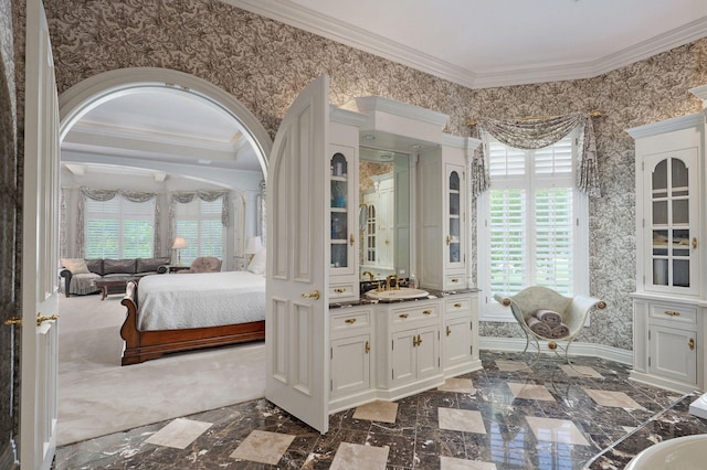 5245 S Stonehaven Dr, Springfield, MO 65809 - ensuite bathroom featuring ornamental molding, vanity, and wallpapered walls