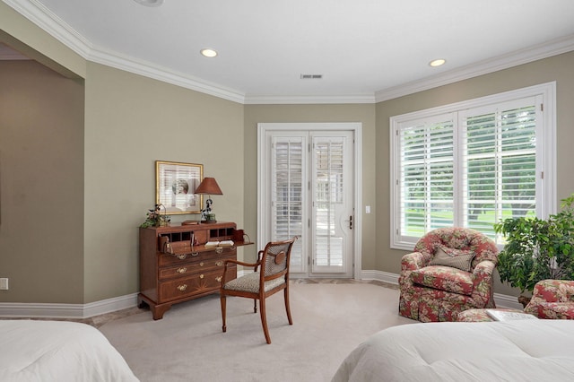 5245 S Stonehaven Dr, Springfield, MO 65809 - bedroom with access to outside, baseboards, crown molding, light colored carpet, and recessed lighting