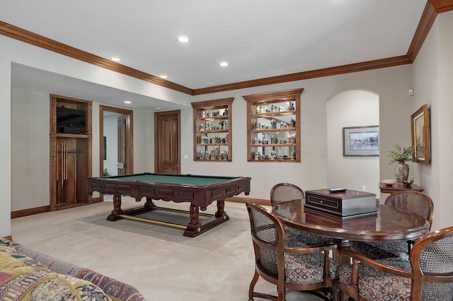 5245 S Stonehaven Dr, Springfield, MO 65809 - game room featuring ornamental molding, billiards table, baseboards, light carpet, and recessed lighting
