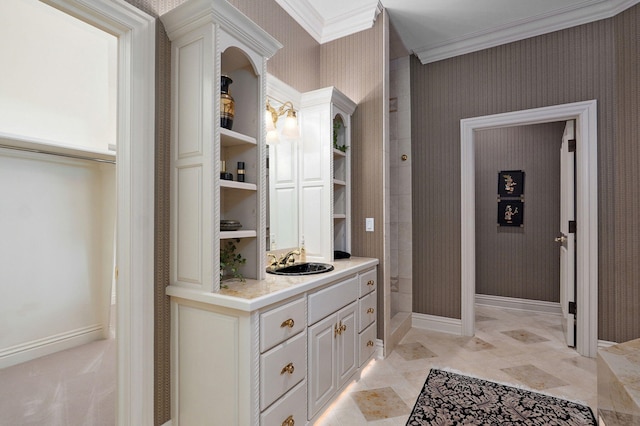 5245 S Stonehaven Dr, Springfield, MO 65809 - bathroom with crown molding, wallpapered walls, vanity, tiled shower, and baseboards