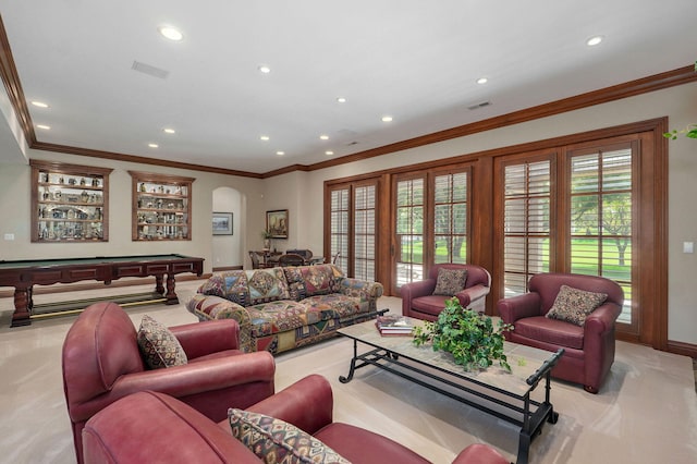 5245 S Stonehaven Dr, Springfield, MO 65809 - living room with light carpet, arched walkways, recessed lighting, pool table, and plenty of natural light