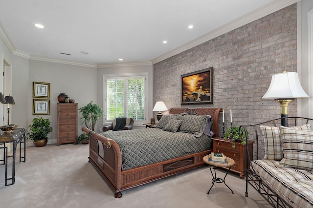 5245 S Stonehaven Dr, Springfield, MO 65809 - bedroom with light carpet, recessed lighting, brick wall, crown molding, and baseboards