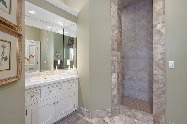 5245 S Stonehaven Dr, Springfield, MO 65809 - bathroom with walk in shower, vanity, recessed lighting, and baseboards