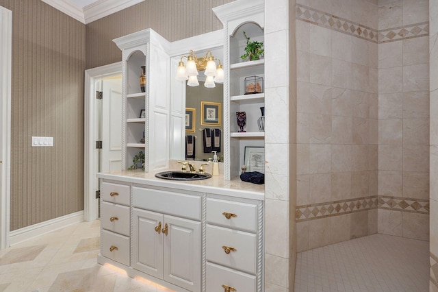 5245 S Stonehaven Dr, Springfield, MO 65809 - full bath featuring wallpapered walls, crown molding, vanity, a chandelier, and tile patterned floors