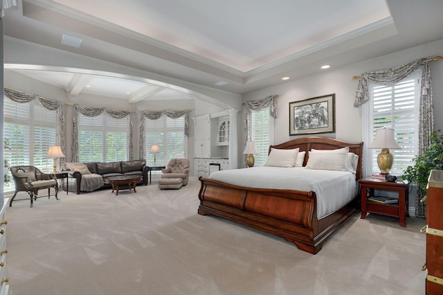 5245 S Stonehaven Dr, Springfield, MO 65809 - carpeted bedroom featuring ornamental molding, multiple windows, recessed lighting, beamed ceiling, and ornate columns