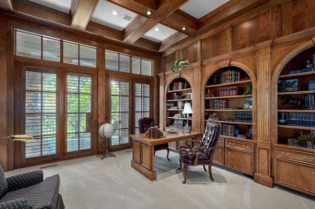 5245 S Stonehaven Dr, Springfield, MO 65809 - home office with beam ceiling, coffered ceiling, light colored carpet, a high ceiling, and recessed lighting