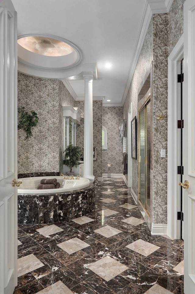 5245 S Stonehaven Dr, Springfield, MO 65809 - hallway featuring ornamental molding, marble tiled floors, and decorative columns