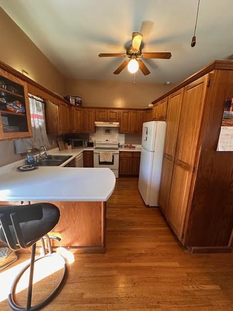 kitchen with white appliances, under cabinet range hood, a peninsula, light countertops, and ceiling fan