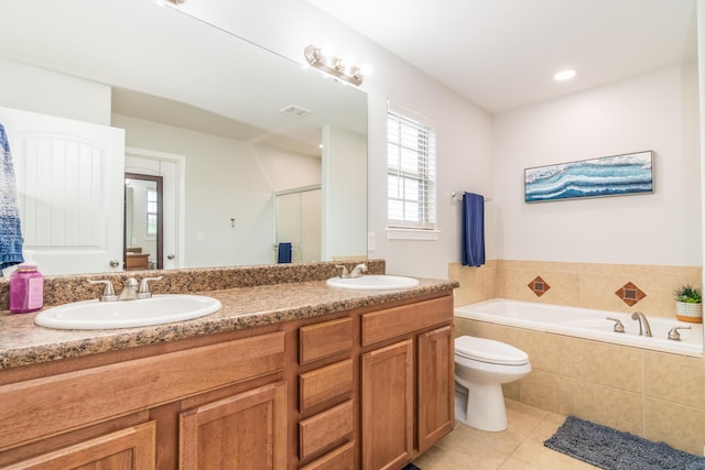 full bathroom featuring tile patterned floors, a garden tub, double vanity, toilet, and a shower with door