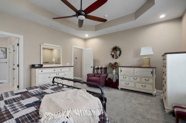 carpeted bedroom featuring baseboards, recessed lighting, and a ceiling fan