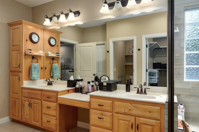 full bathroom featuring double vanity and tile patterned flooring