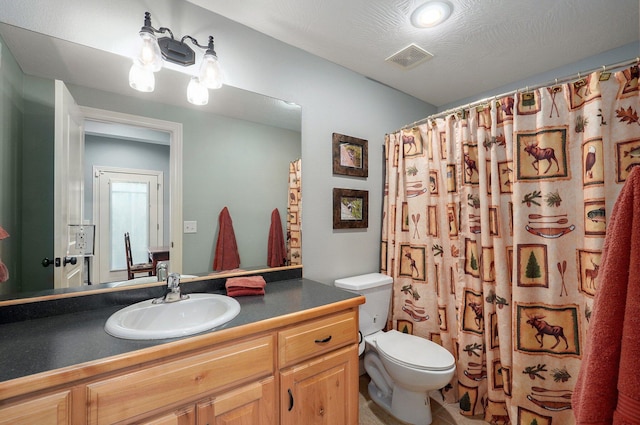 bathroom with toilet, vanity, and a shower with shower curtain