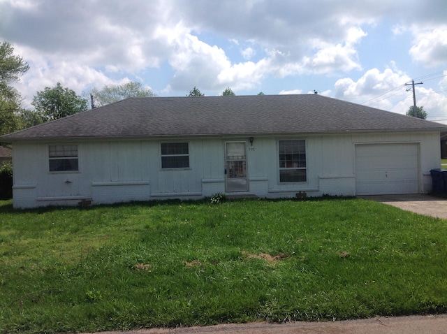 702 Frank St, Nixa, MO 65714 - ranch-style home with an attached garage, brick siding, driveway, a front yard, and a shingled roof