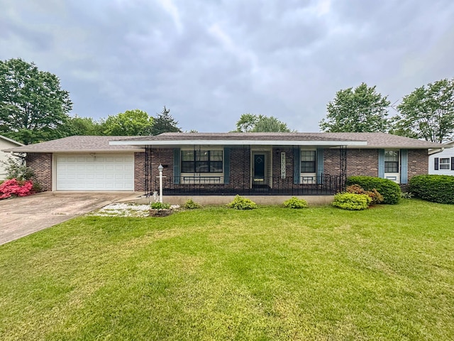 ranch-style house with brick siding, an attached garage, concrete driveway, and a porch