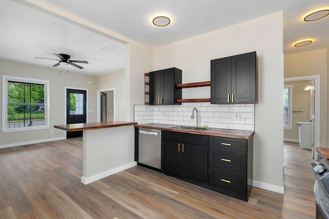 kitchen with dishwasher, a sink, open shelves, and wooden counters