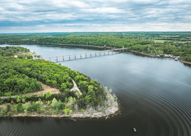 drone / aerial view of a heavily wooded area and a large body of water