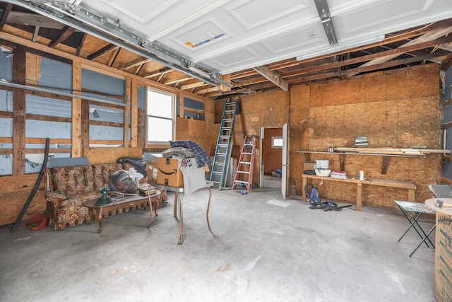 garage with a workshop area