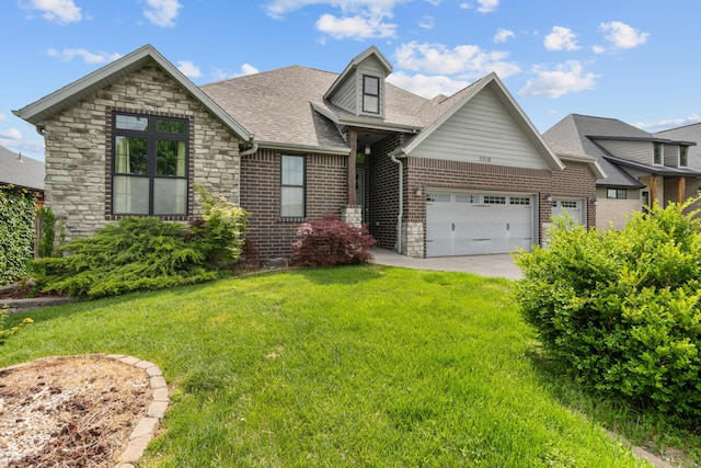 5918 S Mccann Ave, Springfield, MO 65804 - view of front of property featuring a front yard, stone siding, brick siding, and roof with shingles