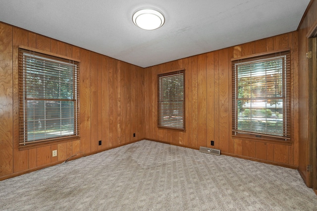 unfurnished room with wood walls, carpet, baseboards, and a textured ceiling